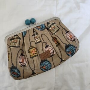 Fossil Beige Birdcage Print Frame Clutch with Turquoise Accent